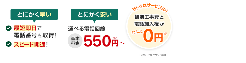 とにかく早い 最短即日で電話番号を取得！スピード開通！／とにかく安い 選べる電話回線 基本料金550円～（税込） おトクなサービス中！初期工事費と電話加入権がなんと0円